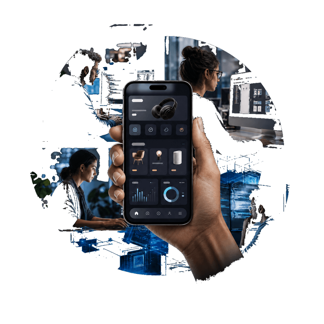 Software experts and a mobile product interface in a segmented circular composition